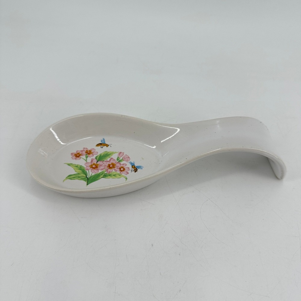 Vintage Style Ceramic Spoon Rest Pink Floral Bee White Kitchen Utensil Holder
